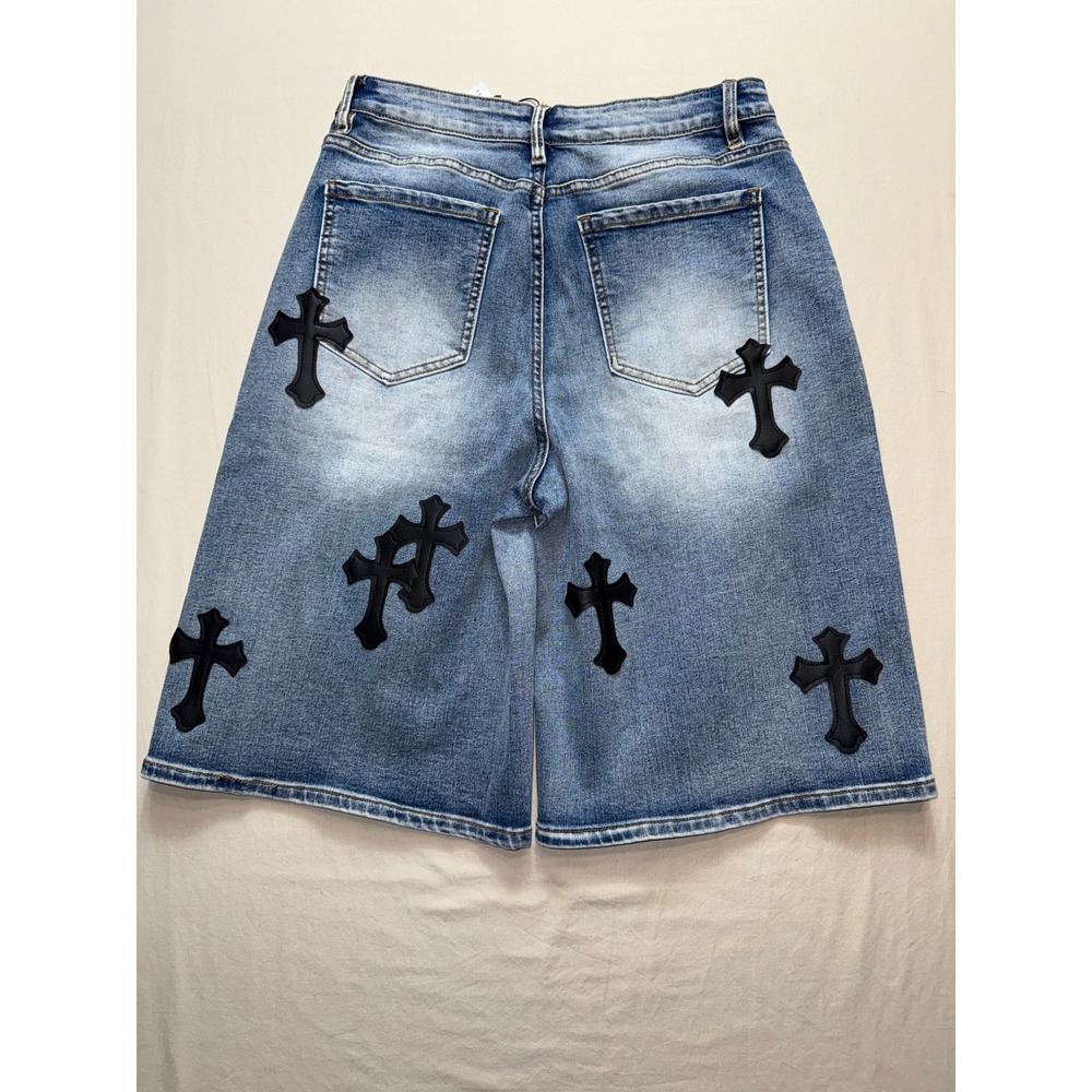 Akira Mens Cross Patch Denim Shorts Blue Streetwear Jorts LP60602B-AK Size L NEW - Picture 6 of 6